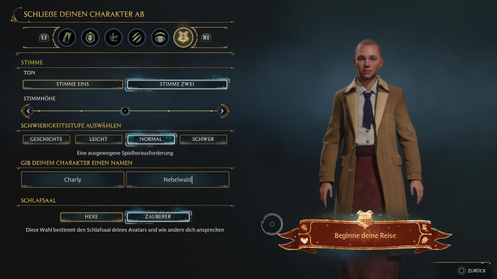 Hier wählen wir eine weibliche oder männliche Stimme aus, und ordnen den Charakter als Hexe oder Zauberer ein. (Bild: Warner Bros / Screenshot: Golem.de)